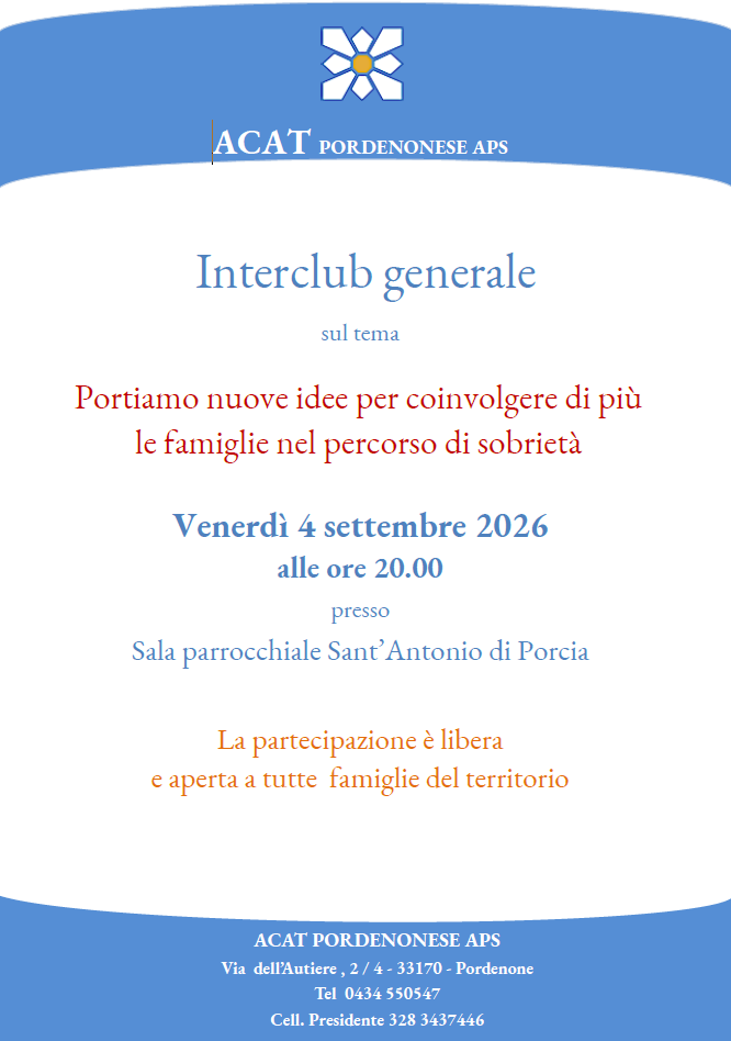 Interclub 4 settembre 2026 - ore 20 nella sala parrocchiale di Sant'Antonio di Porcia (PN)
